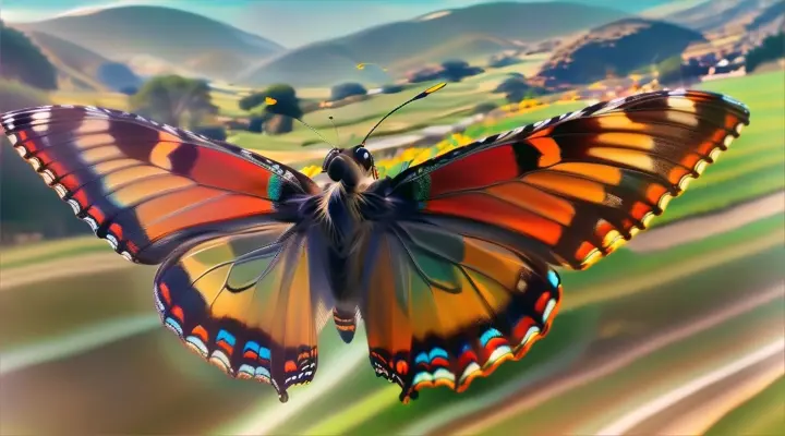 a colorful butterfly flying over a lush green field