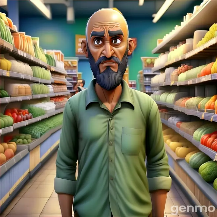 a man with a beard standing in a grocery store