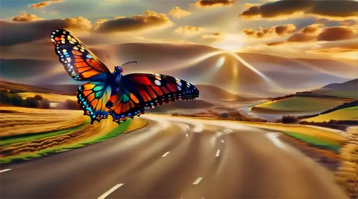 a colorful butterfly flying over a road in a beautiful foothills landscape