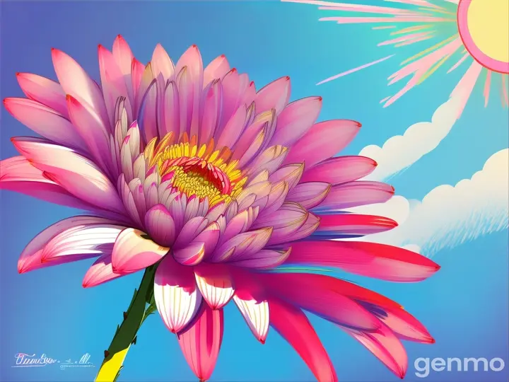 Drawing: bright day, stylized single pink chrysanthemum flower with a stem against a background of blue sky and sun (large strokes with strokes, strokes, blots) On an abstract pop art background with spots and strokes. Рисунок: яркий день, стилизованный одиночный розовый цветок хризантема  chrysanthemum со стеблем на фоне голубого неба и солнца (крупные штрихи со штрихами, штрихами, кляксами) На абстрактном фоне поп-арта с пятнами и штрихами.