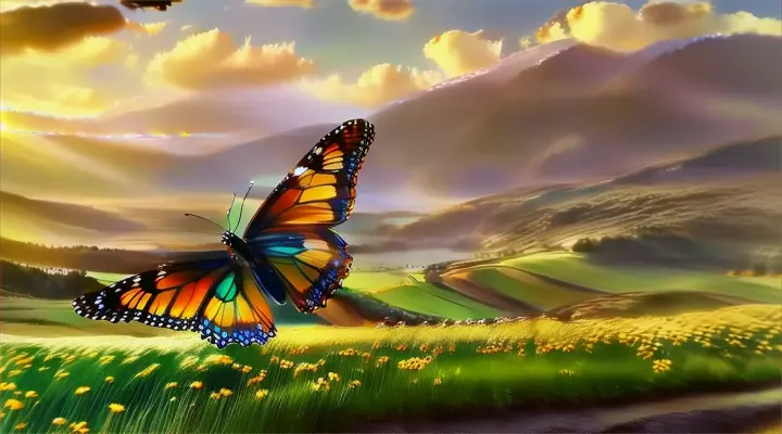 a butterfly flying over a lush green field