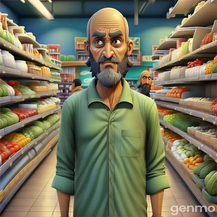 a man with a beard walking in a grocery store