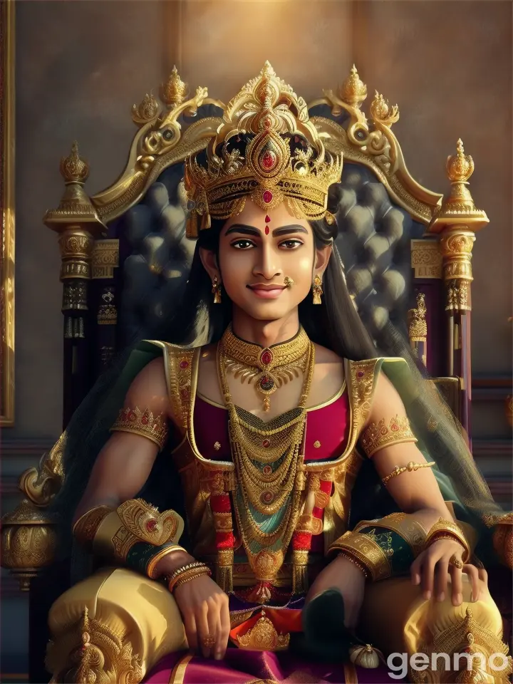 Indian King Bali is a 70-year-old fair-skinned, handsome man with a commanding presence. He is seated on his throne, adorned in elaborate royal attire and a grand crown.
Princess Jyoti's Appearance: Princess Jyoti is a 20-year-old fair-skinned, beautiful young woman. She is adorned in splendid royal attire and intricate jewelry, her appearance reflecting grace and nobility.