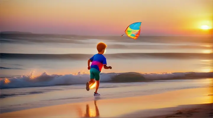 Un ragazzo che corre sulla spiaggia con un aquilone colorato che vola alto nel cielo.