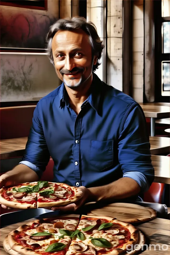 a man sitting at a table with two pizzas