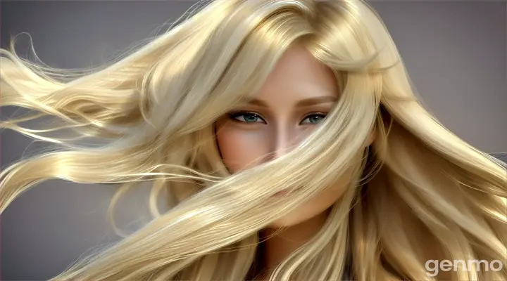 Amazingly detailed digital image Close-up image of long, healthy, well-groomed light blonde hair in high resolution, waving naturally in the wind. Hair should look shiny, smooth and silky, with individual strands clearly visible. The background should be soft and neutral so that the hair is the centre of attention. The light should enhance the natural shine and texture of the hair, creating a sense of movement and vitality. The overall effect should evoke a feeling of freshness, health and natural beauty. This high quality, highly detailed image has sharp lines and a resolution in excess of 16K, providing image quality comparable to that of a DSLR camera. Photo, 3D rendering
