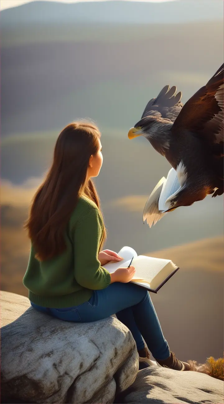 Show 18 year girl watching eagles soar high in the sky, sketching them in her notebook, and reading books about them.