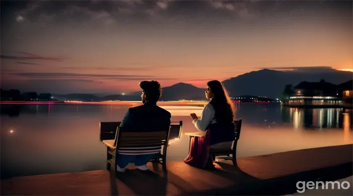 Create a 4K photo that captures a poignant and evocative moment featuring a 22-year-old Pakistani girl and her 23-year-old boyfriend. The scene is set against a stunning yet melancholic nighttime backdrop. They are seated on a bench in a scenic location, perhaps a serene lakeside or a picturesque garden under a starlit sky. The girl holds a delicate note in her hands, her expression a mix of longing and sorrow. Her boyfriend sits beside her, gazing into the distance, lost in his own thoughts. The soft, silvery light of the moon casts a gentle glow over them, enhancing the bittersweet atmosphere and perfectly capturing the essence of a sad, heartfelt song.