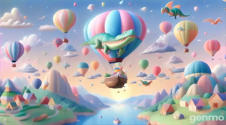 a painting of a dinosaur in a hot air balloon