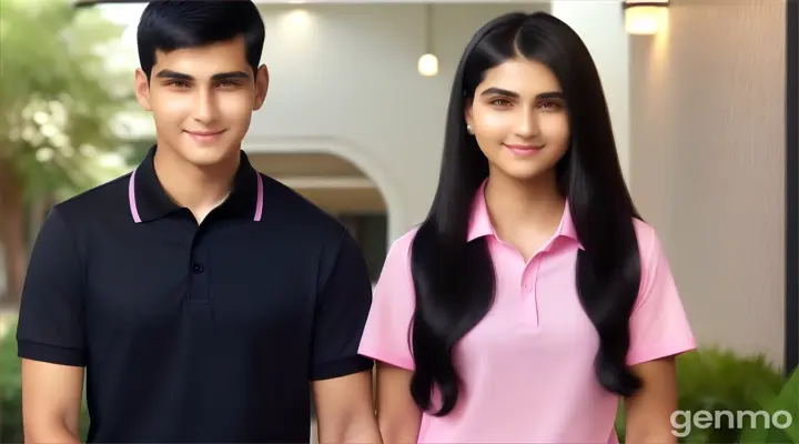 at hotel garden poach, a smiling young man wit buzz cut black hair cut in dark blue polo shirt and a young woman with long black hair in light pink blouse shirt both in black pants standing next to each other holing hands looking at the camera