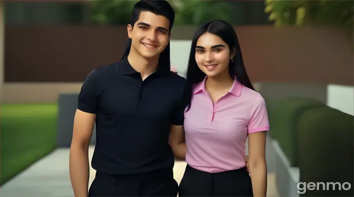 at hotel garden poach, a smiling young man wit buzz cut black hair cut in dark blue polo shirt and a young woman with long black hair in light pink blouse shirt both in black pants standing next to each other hugging looking at the camera