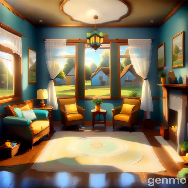 a painting of a living room with blue walls