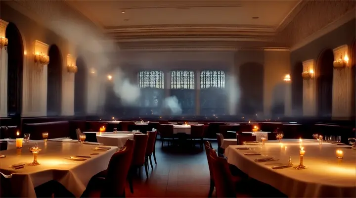 Scene 2
video in the restaurant hall, general shot, magnificent atmosphere inside, large panoramic windows are open, several visitors are sitting at tables, smoke from combustion appears from the catering unit, restaurant guests cover their noses from unpleasant odors.