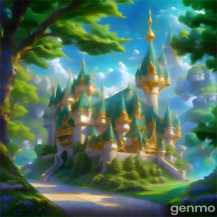 a painting of a castle in the middle of a forest