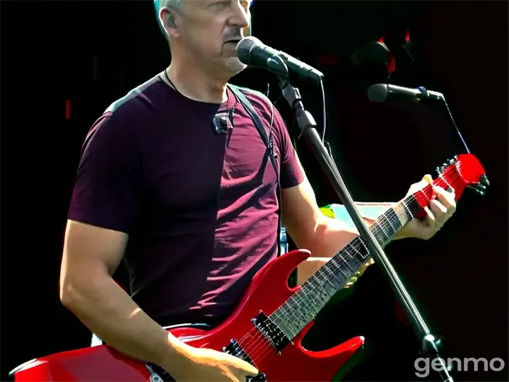 a man holding a red guitar while standing in front of a microphone