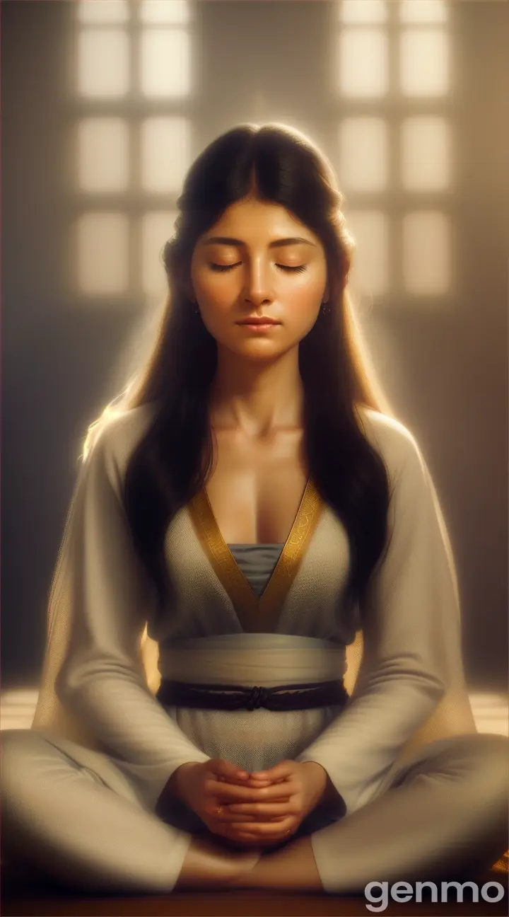 imagen realista de una mujer perfecta, haciendo una meditación, conectando con su alma y espiritus de sus ancestros mirando mientras sonrien