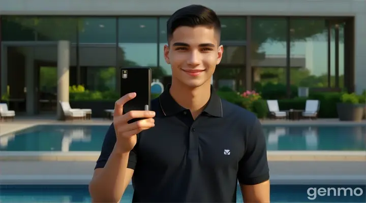 at the hotel garden, a smiling young man with buzz cut black hair cut in dark blue polo shirt taking a pictures with a black smartphone