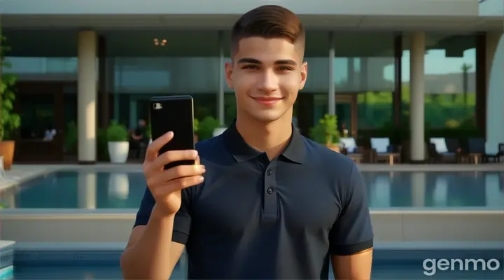 at the hotel garden, a smiling young man with buzz cut hair cut in dark blue polo shirt taking a pictures with a black smartphone