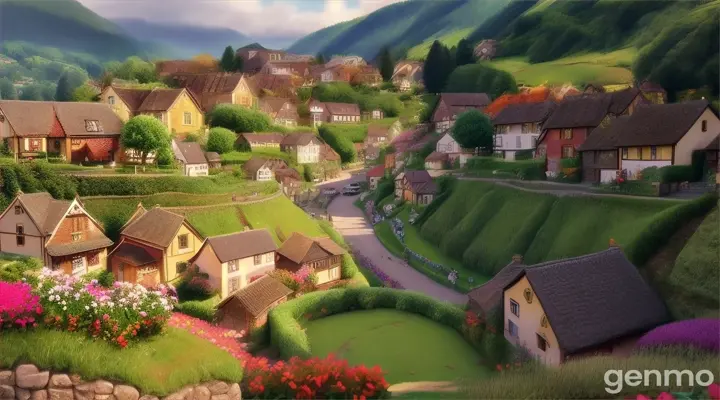 A cozy village nestled among green hills.
A vibrant village square bustling with activity.
Lily's quaint home with a garden filled with colorful flowers.
