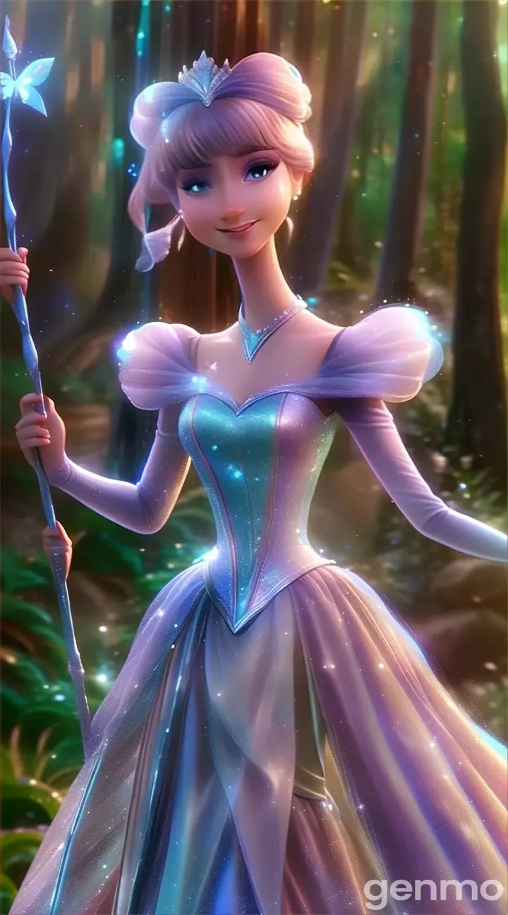 a princess in a blue dress holding a wand