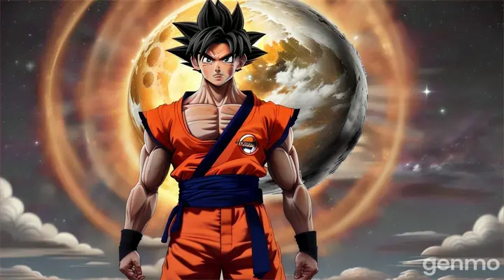 Create a realistic portrait of Goku standing in the night sky.
Description:
- Name: Goku
- Age: Adult, around 30
- Gender: Male
- Appearance: Goku has wild, spiky black hair that stands up, dark eyes, and a strong, muscular build. His facial features are sharp but kind, with a confident and friendly expression. He is wearing his traditional orange gi with a blue undershirt, blue wristbands, and a blue belt. His gi has the symbol "亀" (Kame) on the front and back.
- Pose: Goku is standing confidently in the night sky, possibly with one hand on his hip and the other hand forming a fist. His body language should convey strength and readiness for action.
- Background: The background should depict a starry night sky with a full moon. You can include subtle references to his Saiyan heritage, such as a faint aura or energy waves around him.
Personality:
- Goku's expression should reflect his cheerful and determined nature, showing his readiness to protect and his love for adventure.