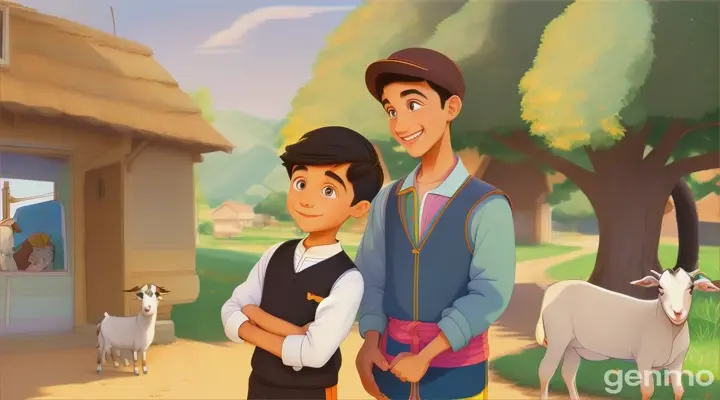 Cartoon very beautiful 6 years old boy with 30 years old Muslim man near beautiful goat