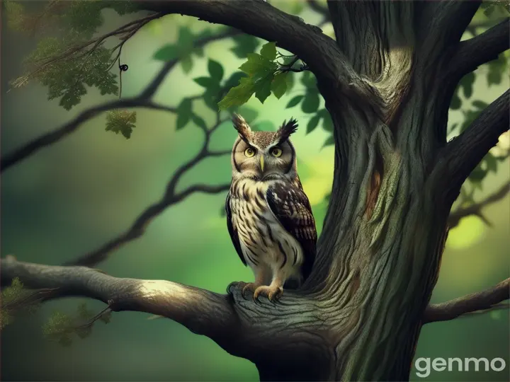 The old oak tree with Oliver the owl**:
   - A majestic oak tree with an owl perched on a branch, looking down at a kitten and a butterfly.