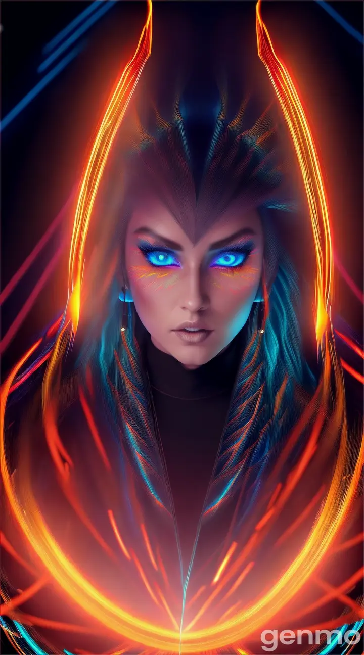 A mesmerizing work of art that showcases the power of neon flames that transform in vibrant shades of blue, orange, and yellow. The flames were in the shape of an assassin's cloak. Surrounding and enveloping the shadow of a person eyes sparkling fire Hand strums an electric guitar with red neon lines flowing. A dark black background makes the image look darker. This allows the fiery hues to take center stage and capture the audience's attention.