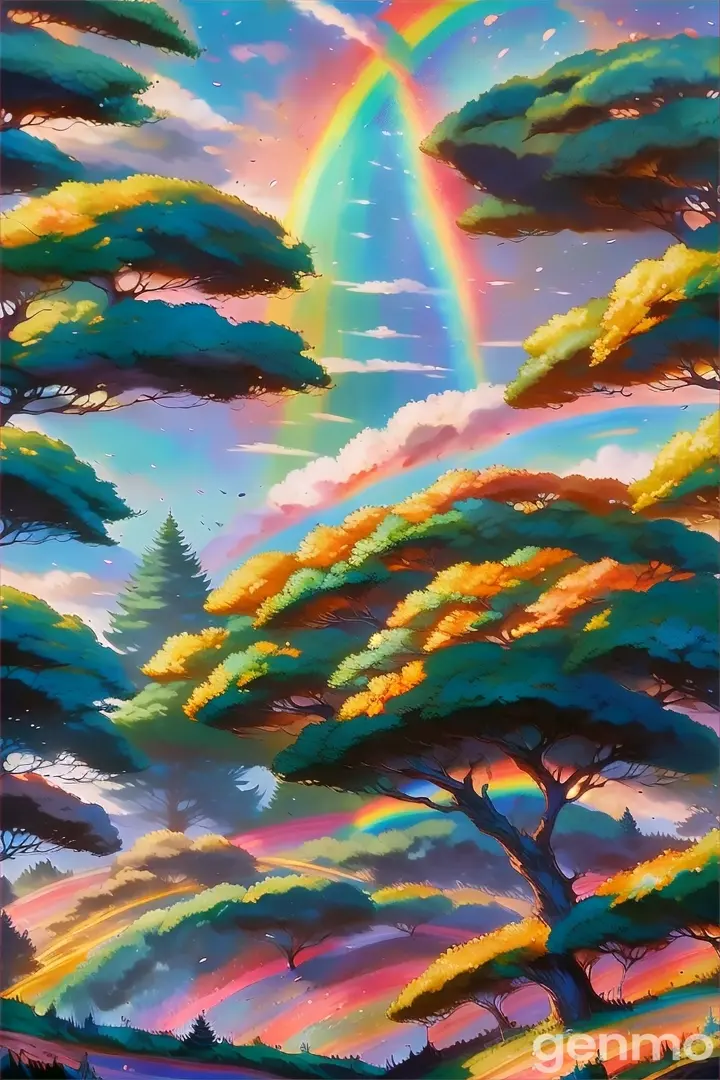 a painting of trees and a rainbow in the sky