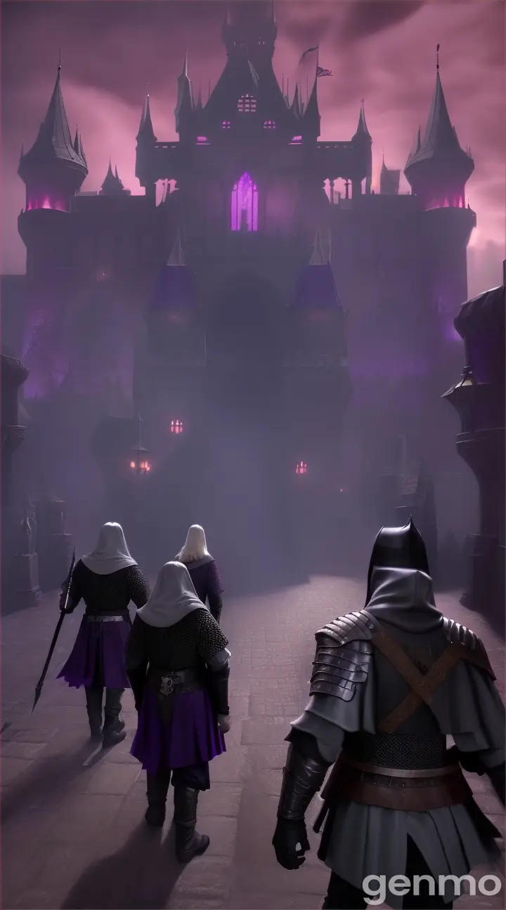 “DVD screengrab 9:16, 1980 cinema, medieval dark fantasy" Four mercenary heroes stand before the court inside the king's castle, an evil aura hangs in the air alongside a purple fog.”