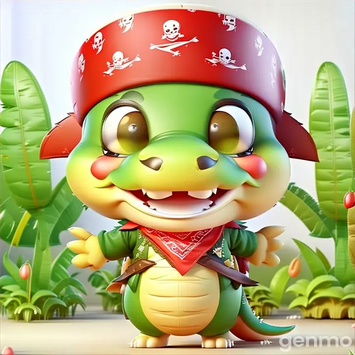 a cartoon character talking and walking wearing a pirate hat and bandanna , 