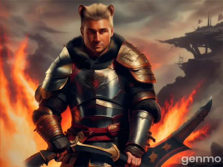 Brave handsome wombat warrior defender. It stands against the background of fire and flames
