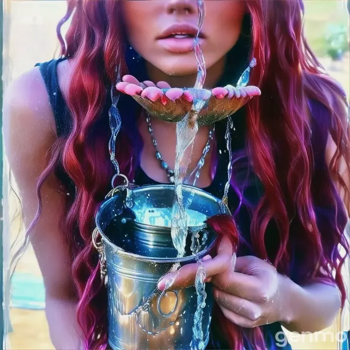 a woman with long red hair holding a bucket of water