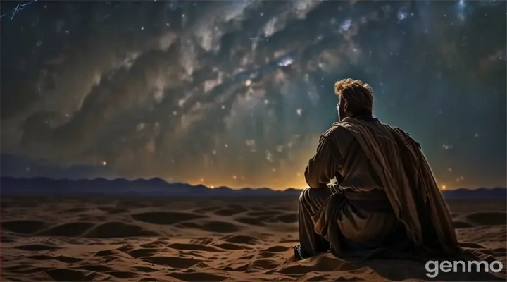 a man sitting on top of a sandy beach under a night sky