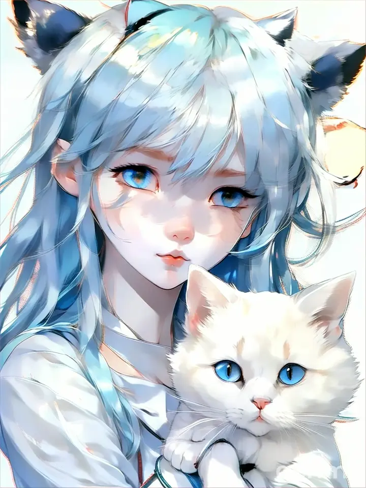 a girl with blue hair holding a white cat