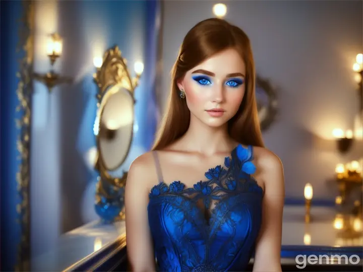 A 25-year-old girl with blue eyes, wearing a blue dress