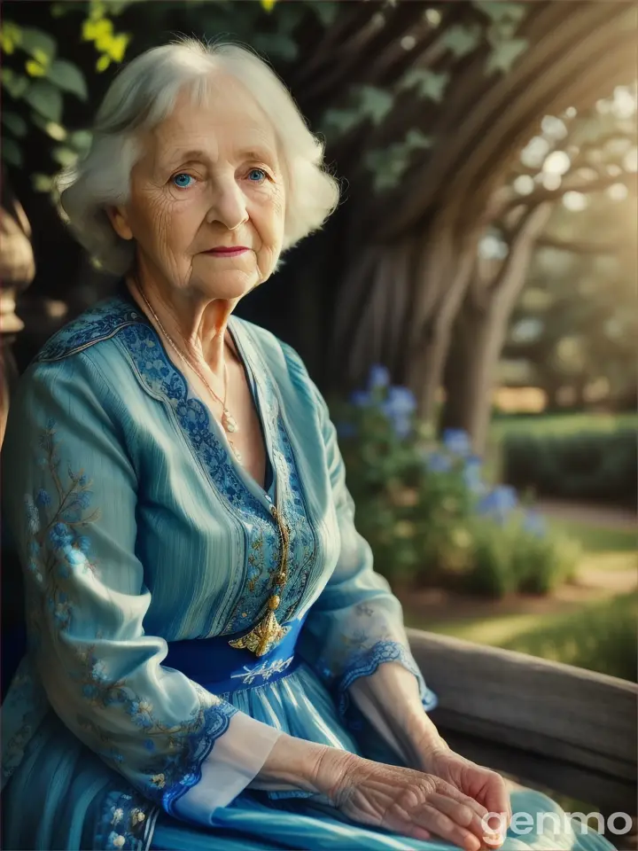 A 70-year-old blue-eyed girl wearing a blue dress0