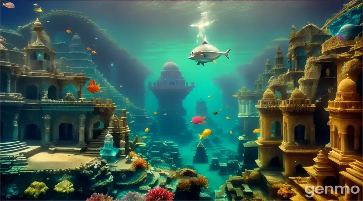 Underwater visuals of Dwarka’s ruins, blending into the sea’s depths.