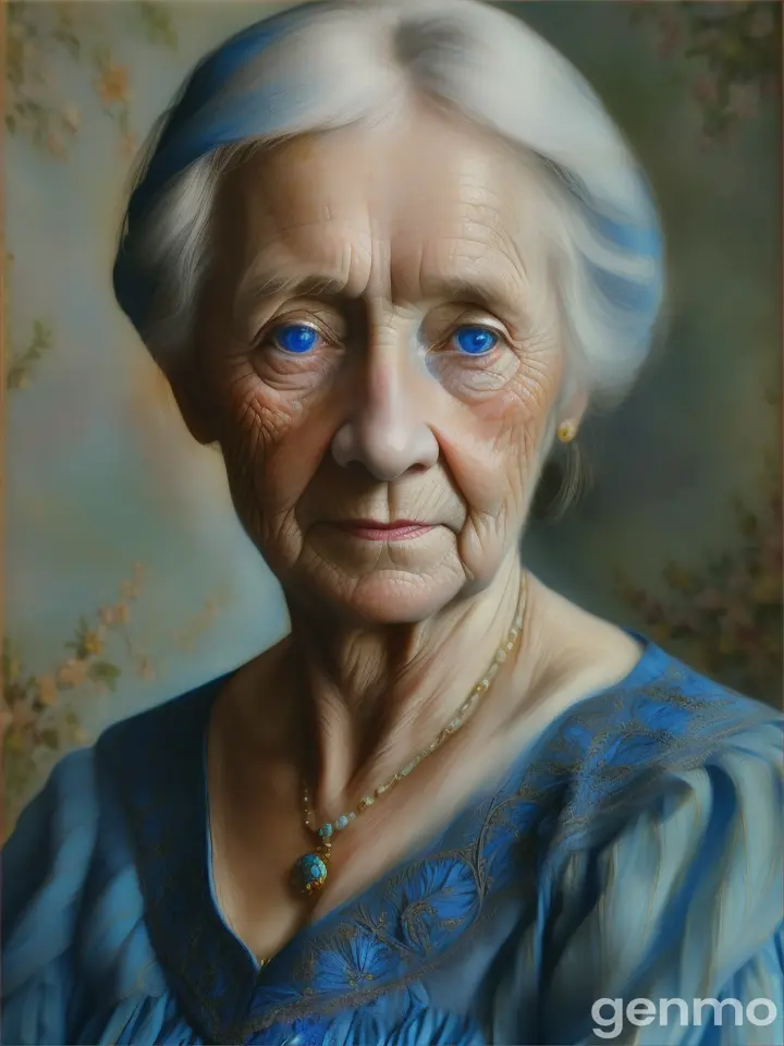 A 120-year-old blue-eyed girl wearing a blue dress