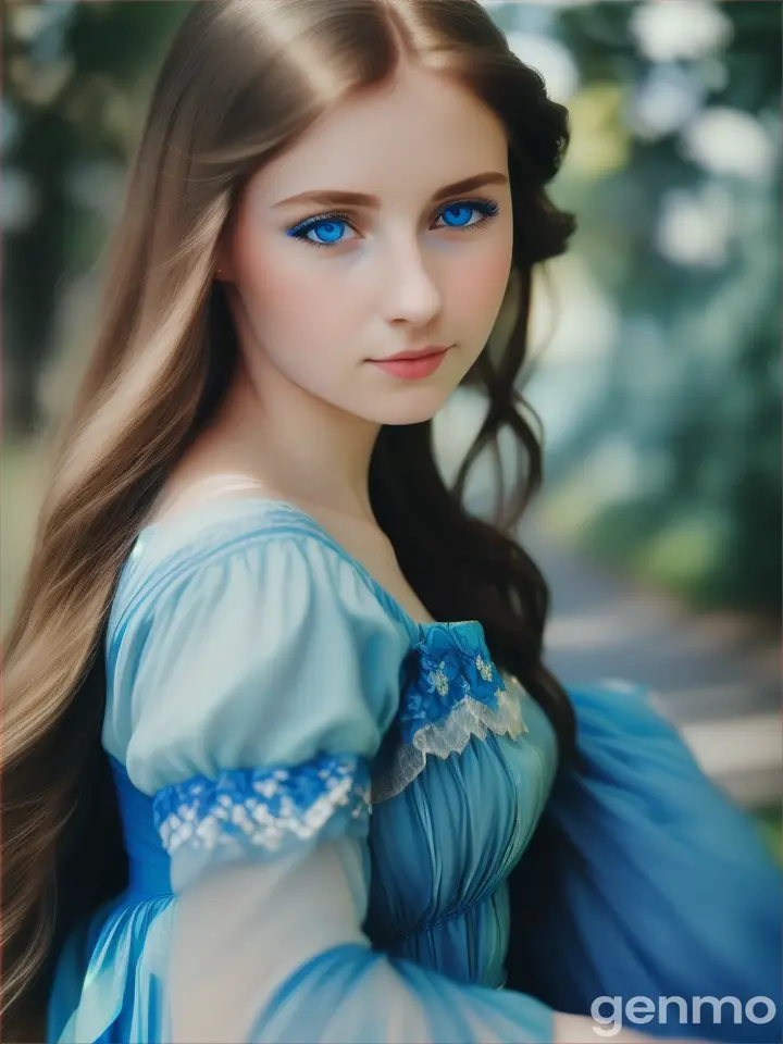 A 25-year-old blue-eyed girl wearing a blue dress