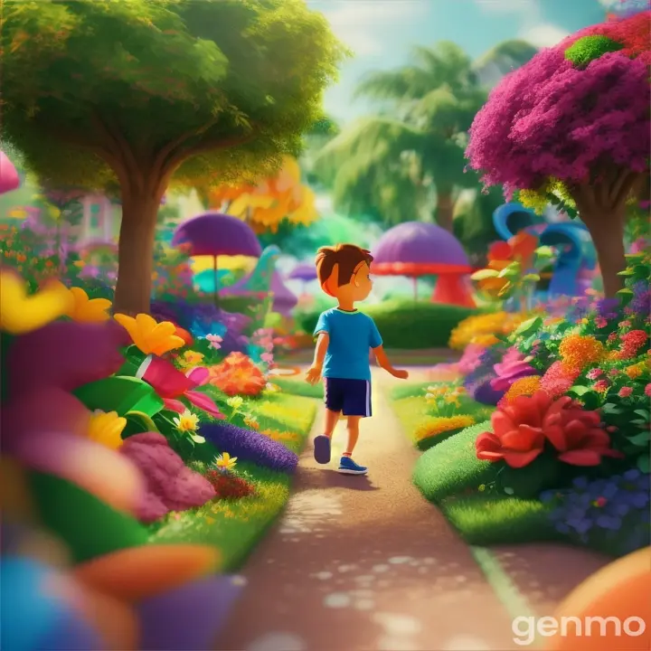 a (A screen full of bright colors appears and children playing in a beautiful garden) 3d cartoon