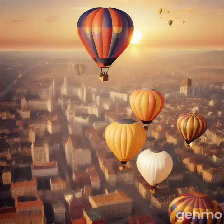 A family of animals traveling in a hot air balloon over a golden city at sunset