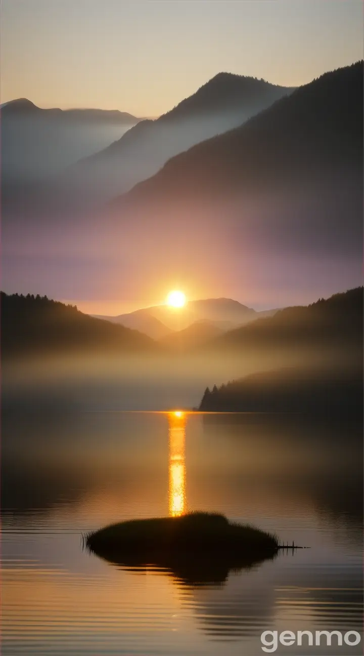 The screen fades in from black to show a serene landscape: a calm lake at sunrise.