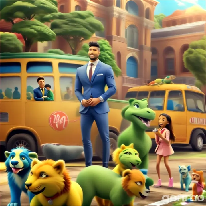 a man in a suit standing next to a bunch of animals, behind them kids and students, all moving and talking moving their lips and mouth