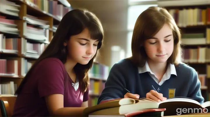 Emily is engrossed in a volume of romantic poetry in the school library when she notices Alex quietly sketching in a corner. Describe the moment when their eyes meet for the first time