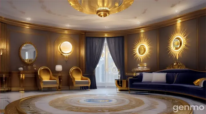 "Welcome to our 'Solar & Lunar Luxe' Airbnb, where the elegance of the sun and the tranquility of the moon come together to create a luxurious retreat.
In our hallway, you'll find golden sunburst mirrors and moon-themed art, setting the tone for a celestial journey. The plush furnishings and ambient lighting create a warm, inviting atmosphere.
Our kitchen blends high-end materials and celestial touches, like golden fixtures and a moon-themed backsplash. It's equipped with premium appliances and a gourmet coffee station, perfect for enjoying a luxurious stay.
Every detail, from the opulent decor to the high-end amenities, is designed to offer you a truly extraordinary experience. Welcome to your 'Solar & Lunar Luxe' getaway."