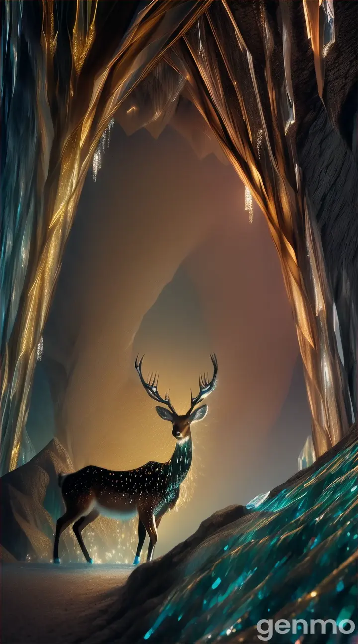 An elegant deer strolling through a glittering crystal cave, with crystals reflecting a myriad of dazzling lights