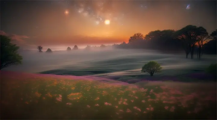 flocks of fireflies and stars sunrise Tornadoes As the flowers night begins to ring, a misty veil, Together, they emerge, a radiant light of resonant energy, as the world sleeps serenely next to the chaos, a calm and tranquil y that fills the air with a symphony of energy. Perfume from the detailed structure of a neural network with the real world photorealistic 35mm film natural light realistic dynami