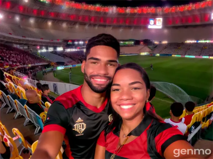 a man and woman taking a selfie at a soccer game