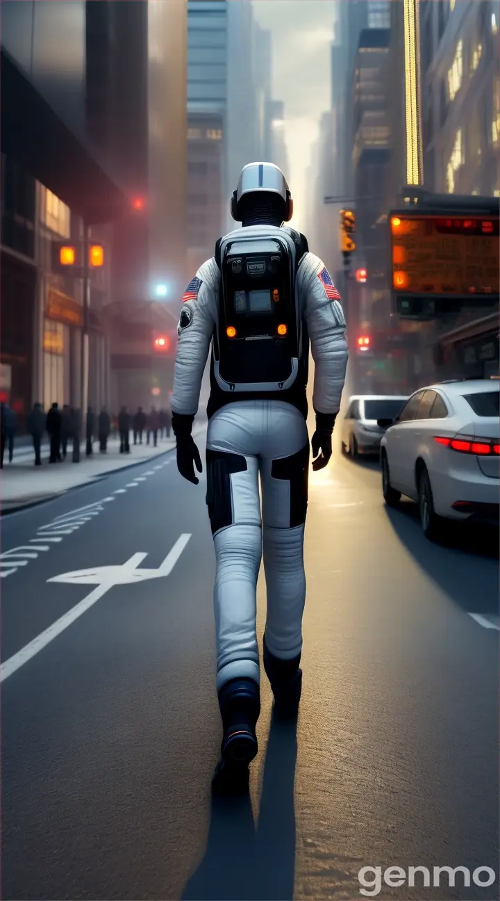 A astronaut is walking in new York in the middle of the road, he's walking slowly forward and the view is backside, absolutely realistic and detailed 